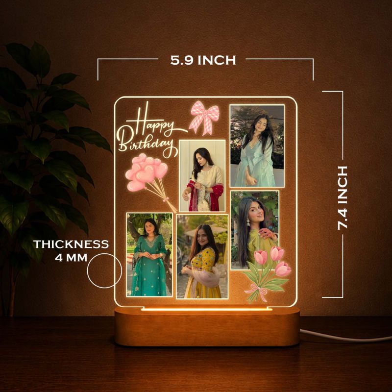 Happy Birthday LED Photo Collage Lamp for Girls & Women Personalized Birthday Photo Frame Night Light with 5 Photo  Warm White Decorative Table Lamp & Birthday Gift